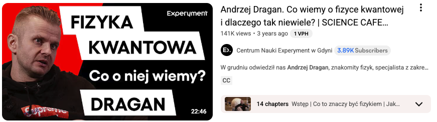 141 tys. wyświetleń odcinka Science Cafe z Andrzejem Draganem na YouTube, zrealizowanego dla Experymentu