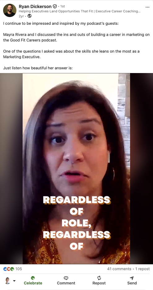 Wyniki drugiego odcinka podcastu Ryana Dickersona na LinkedIn – 105 reakcji